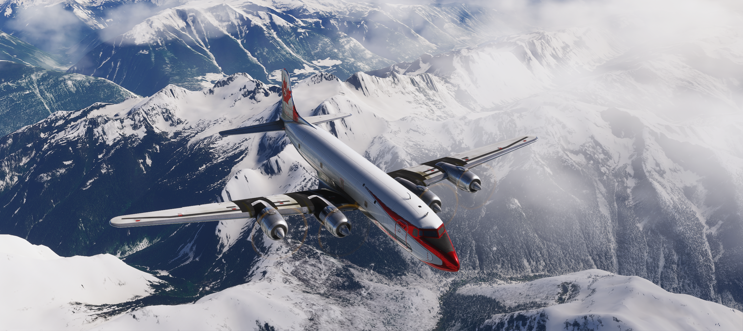 Classic aircraft crossing snow-covered mountains
