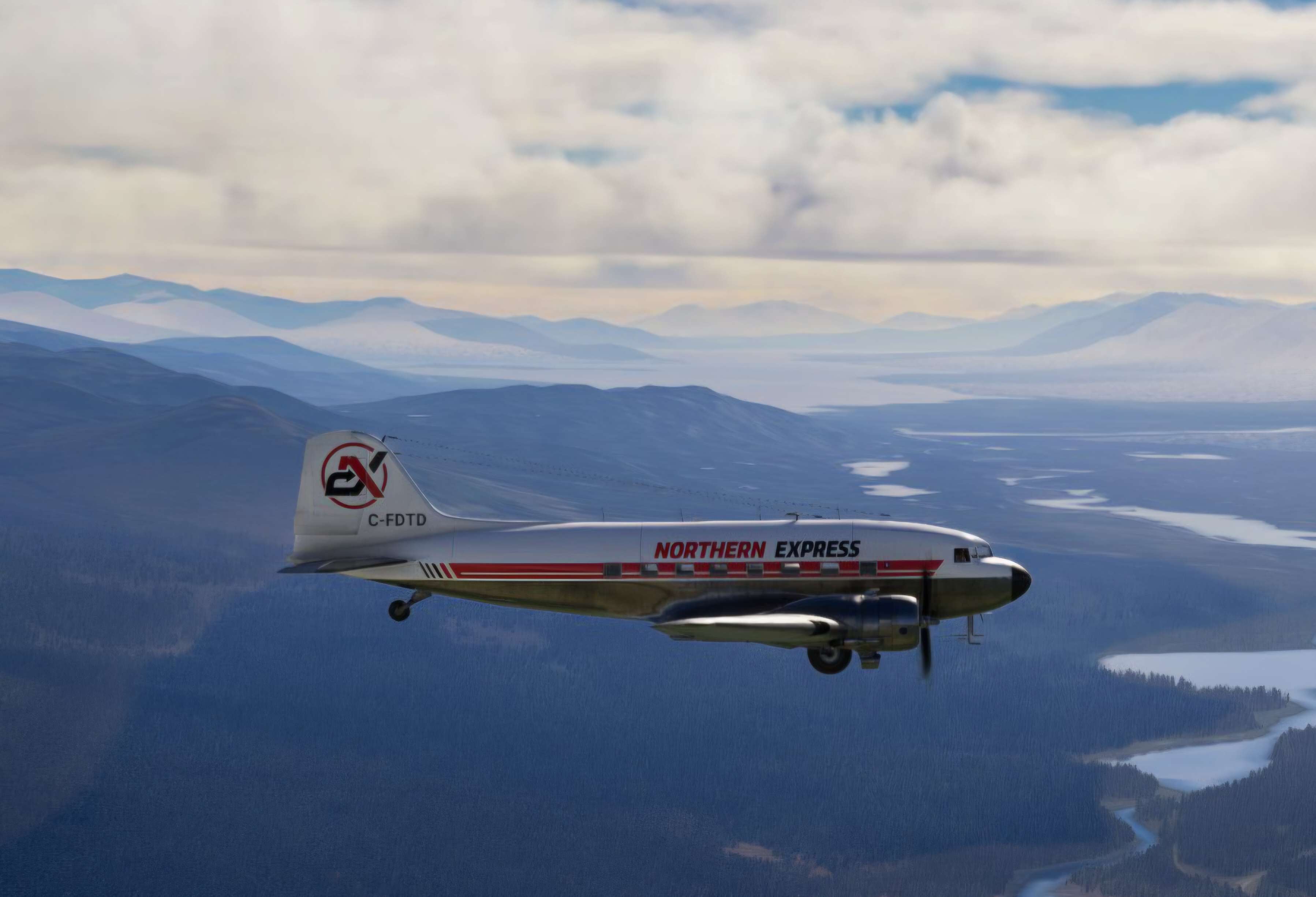 Douglas DC-3 flying over a northern landscape