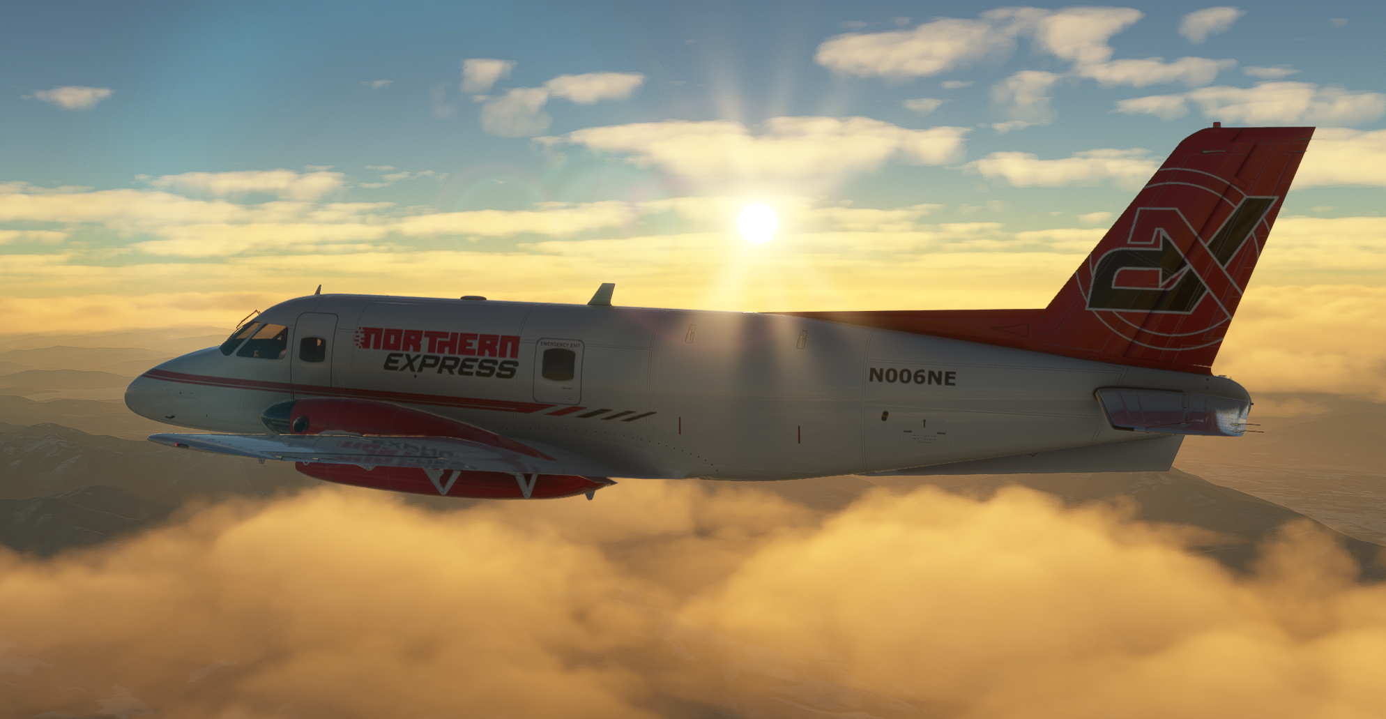 EMB110 aircraft flying through golden clouds